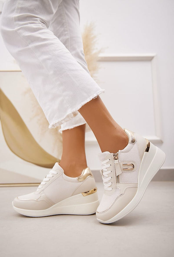 Kind Vibe Women's Luxury Designer Faux Leather Wedge Trainers - Beige