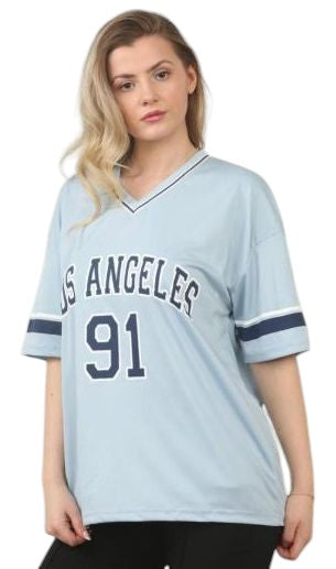 Kind Vibe Women's Los Angeles 91 Jersey T-Shirt Top - Sky Blue
