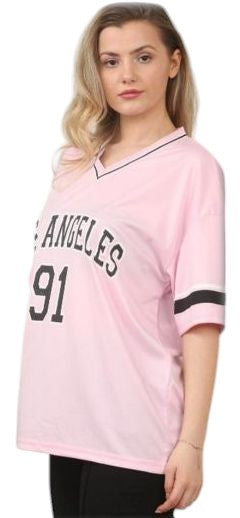 Kind Vibe Women's Los Angeles 91 Jersey T-Shirt Top - Pink
