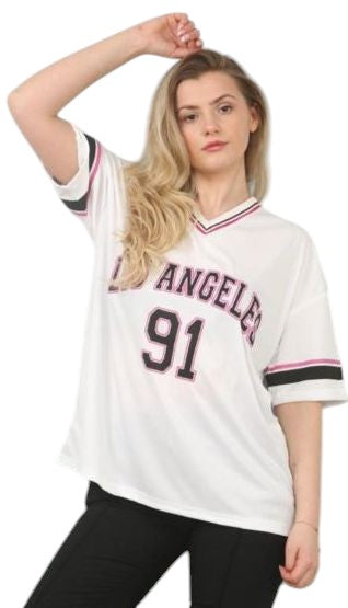 Kind Vibe Women's Los Angeles 91 Jersey T-Shirt Top - White
