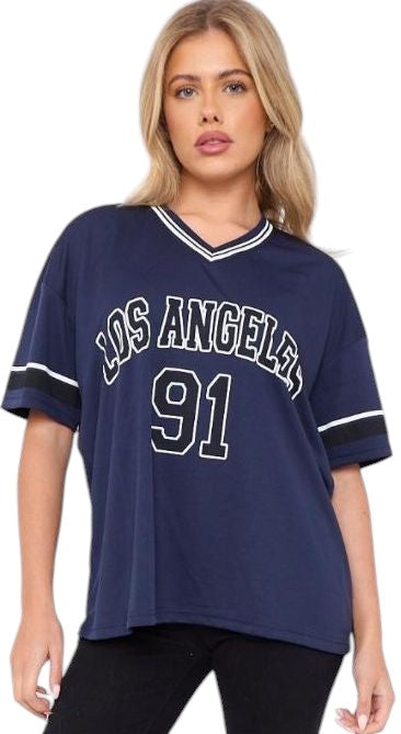 Kind Vibe Women's Los Angeles 91 Jersey T-Shirt Top - Navy