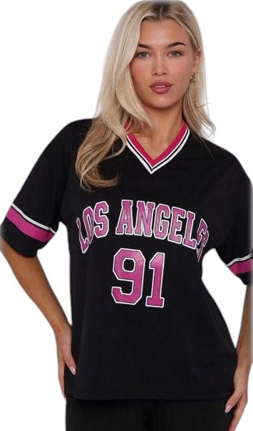 Kind Vibe Women's Los Angeles 91 Jersey T-Shirt Top - Black