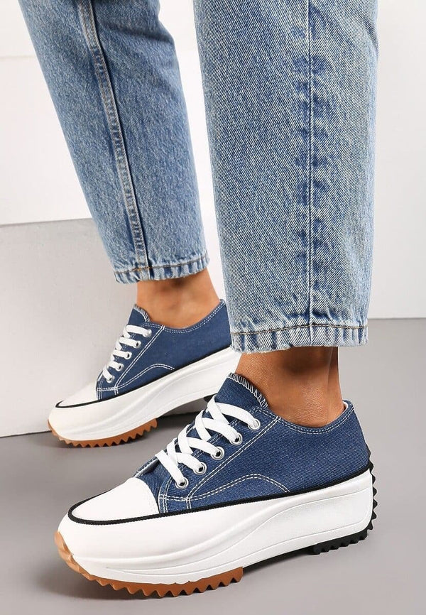 Kind Vibe Women's Ladies Platform Chunky Sole Canvas Trainers Sneaker - Navy White