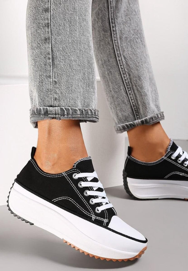 Kind Vibe Women's Ladies Platform Chunky Sole Canvas Trainers Sneaker - Black White