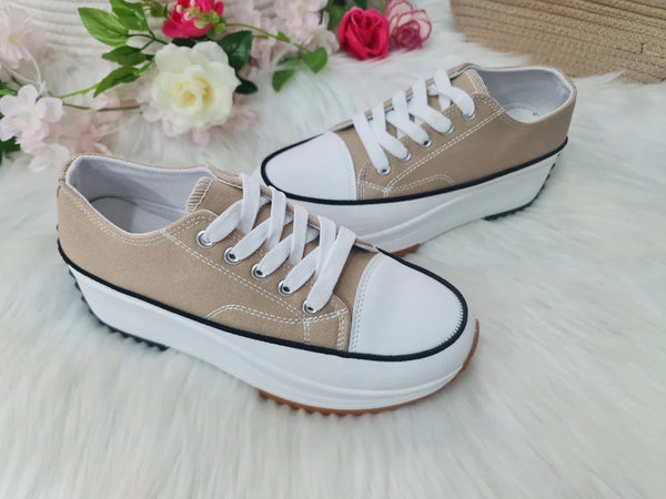 Kind Vibe Women's Ladies Platform Chunky Sole Canvas Trainers Sneaker - Taupe