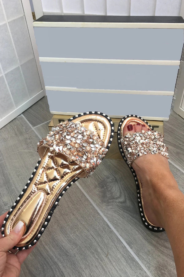 Kind Vibe Women's Embellished Sparkly Flats Slider Sandals - Rose Gold