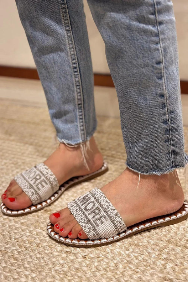Kind Vibe Women's Beaded Amore Summer Flats Sandals Shoes - White