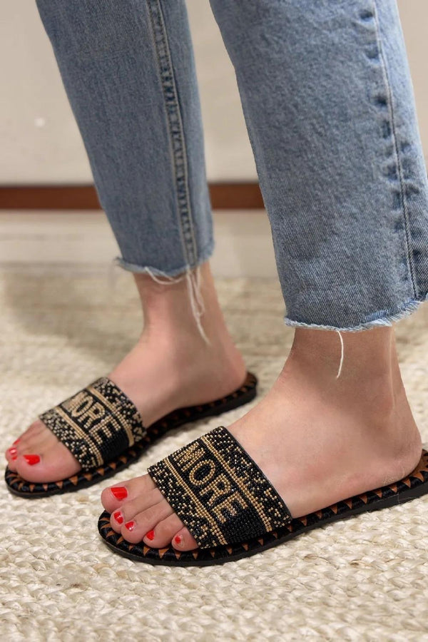 Kind Vibe Women's Beaded Amore Summer Flats Sandals Shoes - Black