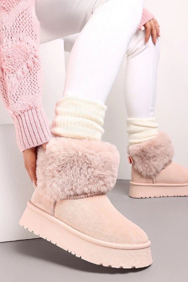 Kind Vibe Women's Bow Detail Faux Fur Platform Ankle Boots (Buy Size Up) - Pink