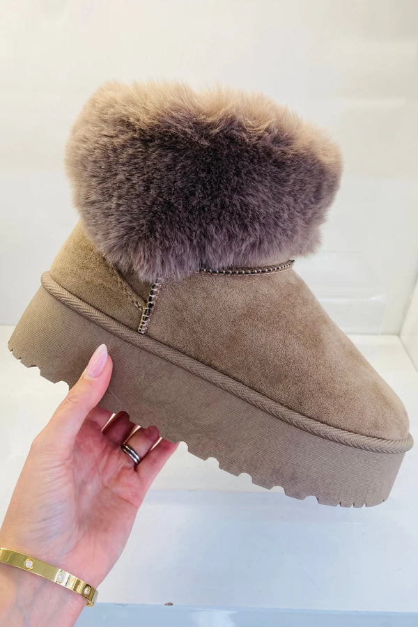 Kind Vibe Women's Bow Detail Faux Fur Platform Ankle Boots (Buy Size Up) - Taupe