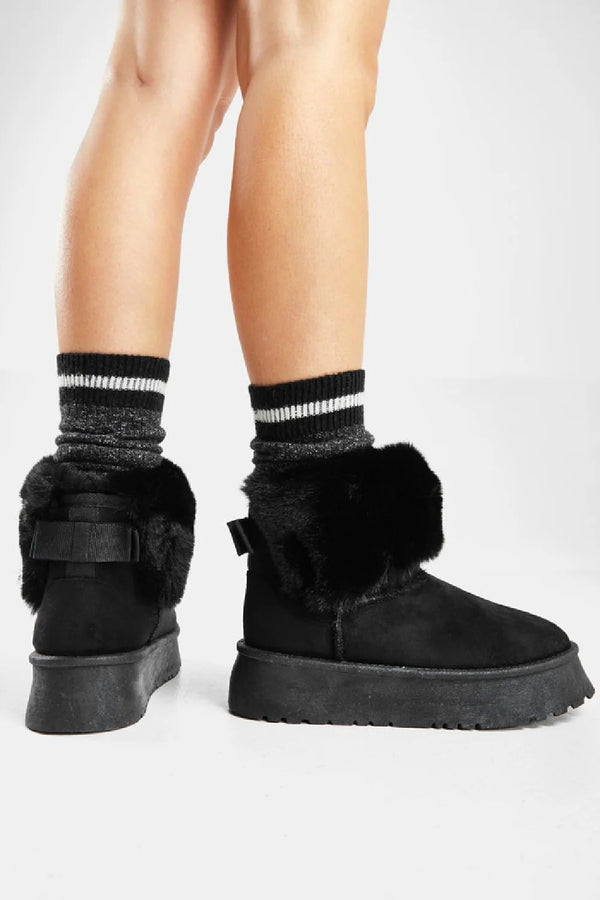 Kind Vibe Women's Bow Detail Faux Fur Platform Ankle Boots (Buy Size Up) - Black