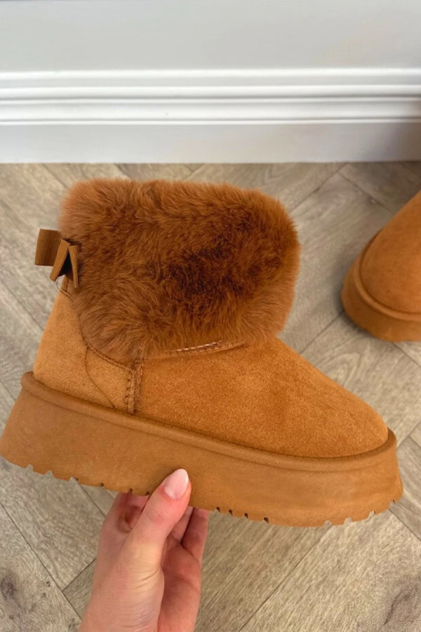 Kind Vibe Women's Bow Detail Faux Fur Platform Ankle Boots (Buy Size Up) - Camel