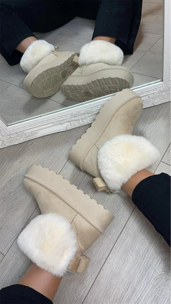Kind Vibe Women's Bow Detail Faux Fur Platform Ankle Boots (Buy Size Up) - Beige