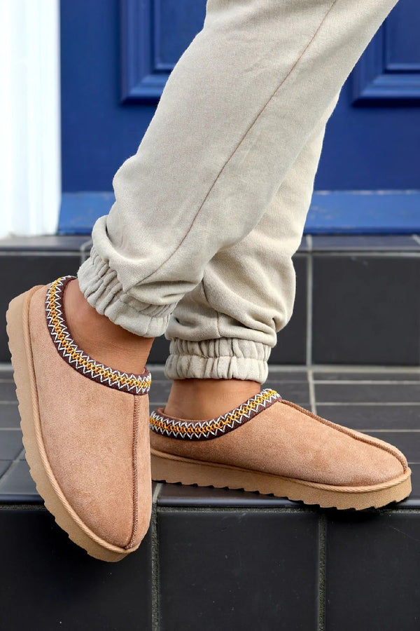 Kind Vibe Women's Embroidered Indoor Outdoor Winter Fur Lined Slippers - Camel