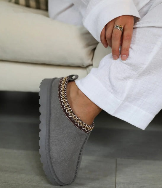 Kind Vibe Women's Embroidered Indoor Outdoor Winter Fur Lined Slippers - Grey