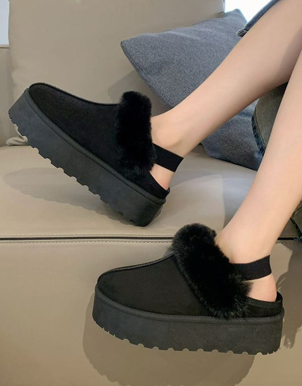 Kind Vibe Women's Faux Fur Lined Comfy Mules Platform Slippers - Black