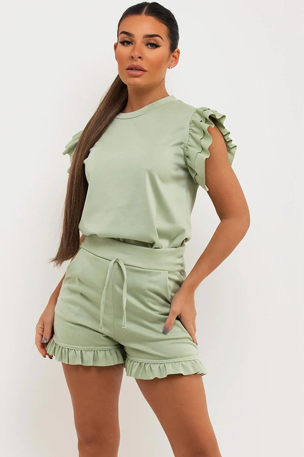 Kind Vibe Women's Frill Peplum Short Sleeve Top and Shorts Co-ord Set - Sage Green