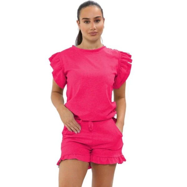 Kind Vibe Women's Frill Peplum Short Sleeve Top and Shorts Co-ord Set - Hot Pink