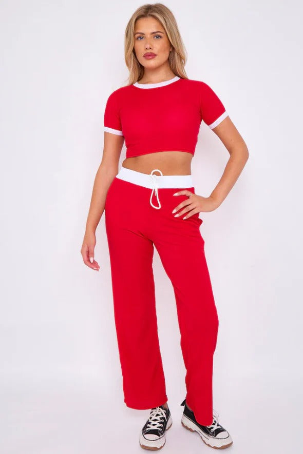 Kind Vibe Women's Ribbed Contras Cap Sleeve Crop Top and Trouser Two Piece Co-ord Set - Red