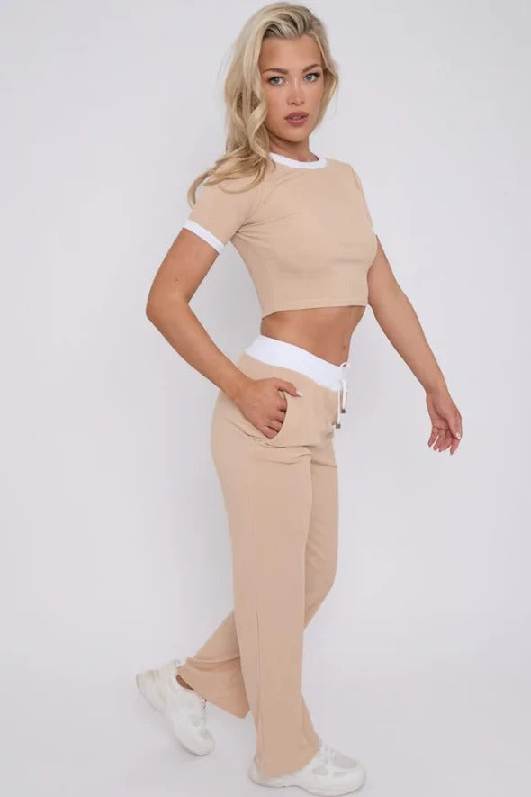 Kind Vibe Women's Ribbed Contras Cap Sleeve Crop Top and Trouser Two Piece Co-ord Set - Beige