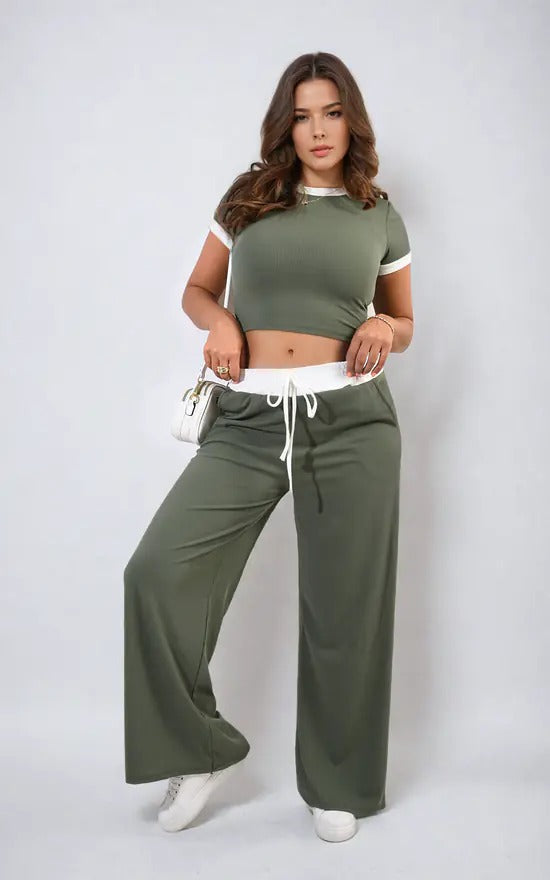 Kind Vibe Women's Ribbed Contras Cap Sleeve Crop Top and Trouser Two Piece Co-ord Set - Khaki