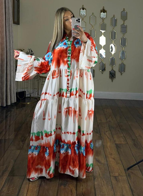 H.O.S Women's Ladies Printed Summer Modest Maxi Dress - Orange