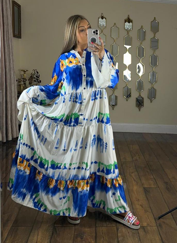 H.O.S Women's Ladies Printed Summer Modest Maxi Dress - Blue