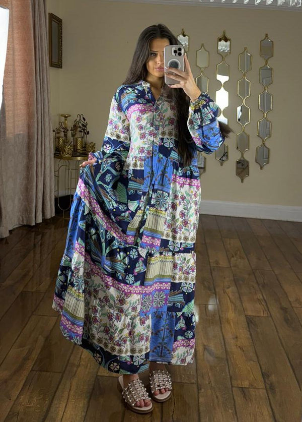 H.O.S Women's Ladies Printed Summer Modest Maxi Dress - Blue