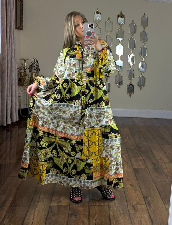 H.O.S Women's Ladies Printed Summer Modest Maxi Dress - Green Black