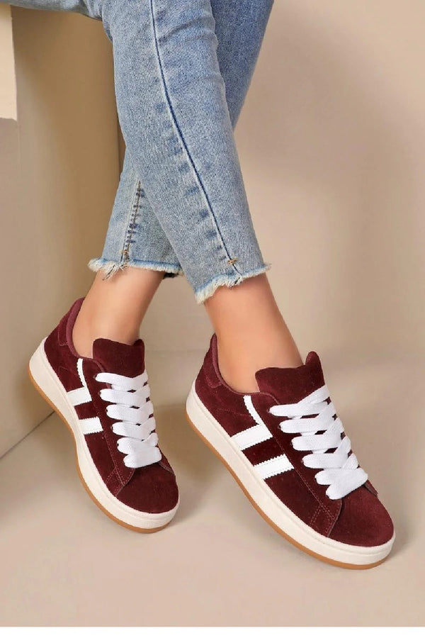 Kind Vibe Women's Faux Suede Lace up Side Detail Designer Trainers - Wine