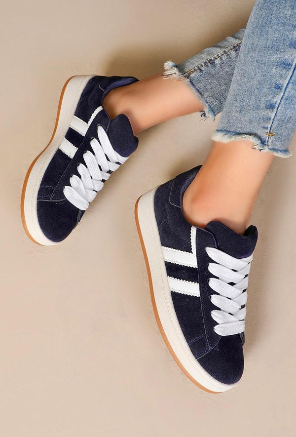 Kind Vibe Women's Faux Suede Lace up Side Detail Designer Trainers - Navy