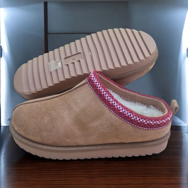 Kind Vibe Women's Embroidered Indoor Outdoor Winter Fur Lined Slippers - Chestnut Wine Red