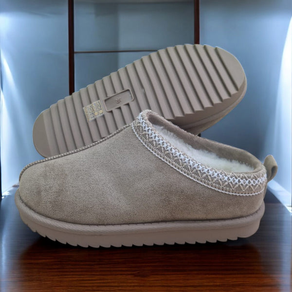Kind Vibe Women's Embroidered Indoor Outdoor Winter Fur Lined Slippers - Taupe