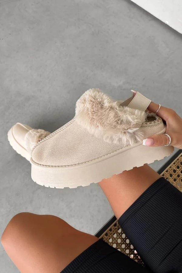 Kind Vibe Women's Faux Fur Lined Comfy Mules Platform Slippers - Beige