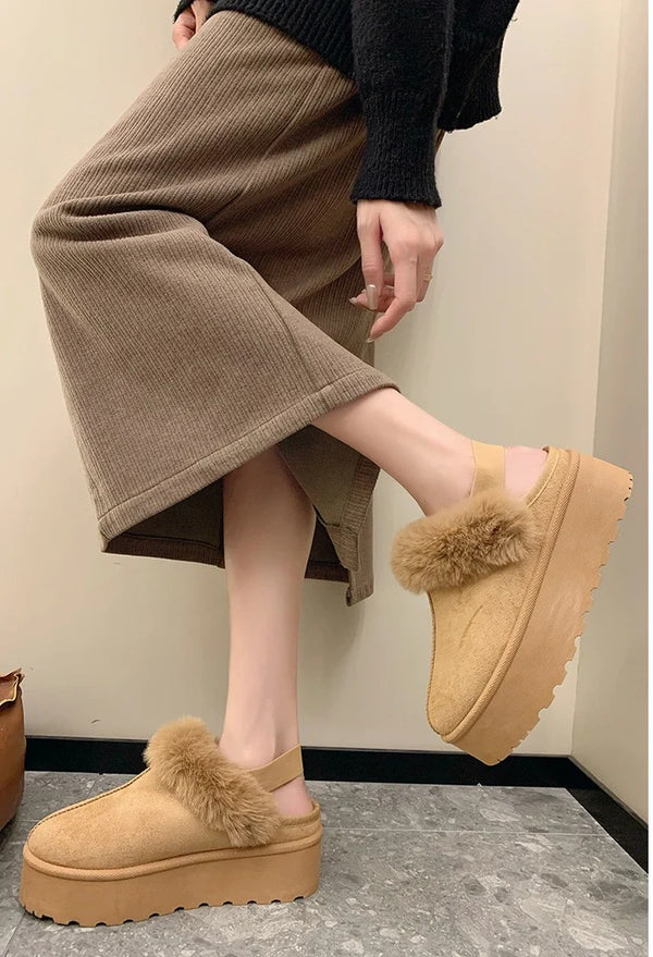 Kind Vibe Women's Faux Fur Lined Comfy Mules Platform Slippers - Chestnut