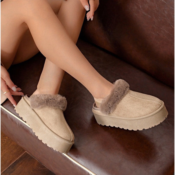 Kind Vibe Women's Faux Fur Lined Comfy Mules Platform Slippers - Khaki