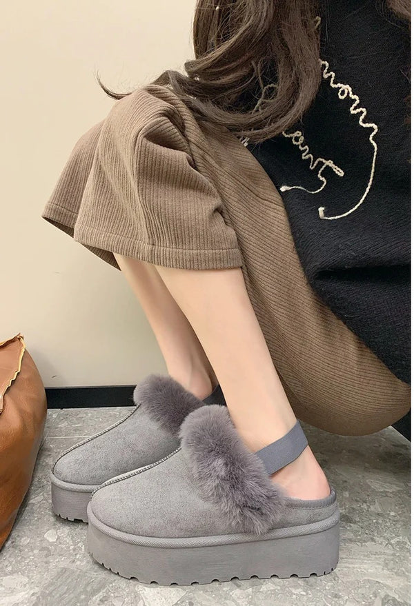 Kind Vibe Women's Faux Fur Lined Comfy Mules Platform Slippers - Grey