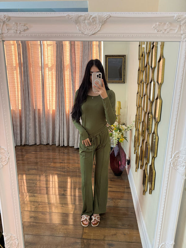 Kind Vibe Women's Scoop Neck Ribbed Bodysuit & Wide Leg Trouser Co-ord Set - Khaki