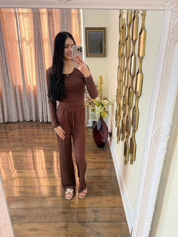 Kind Vibe Women's Scoop Neck Ribbed Bodysuit & Wide Leg Trouser Co-ord Set - Chocolate
