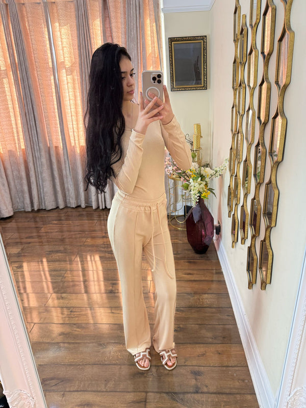 Kind Vibe Women's Scoop Neck Ribbed Bodysuit & Wide Leg Trouser Co-ord Set - Beige