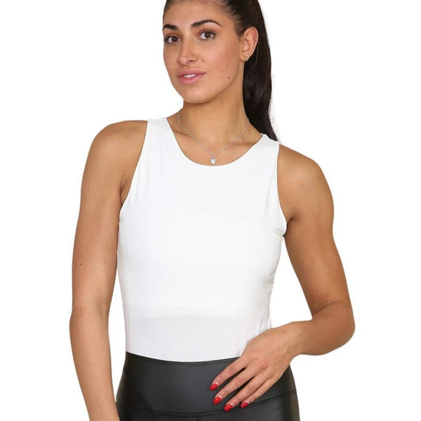 Kind Vibe Women's Slinky Racer Round Neck Double Layered Top Bodysuit - White