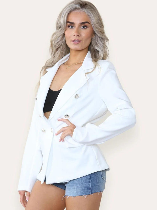 Kind Vibe Women's Fitted Lined Double Gold Button Collared Blazer Jacket - White/Cream