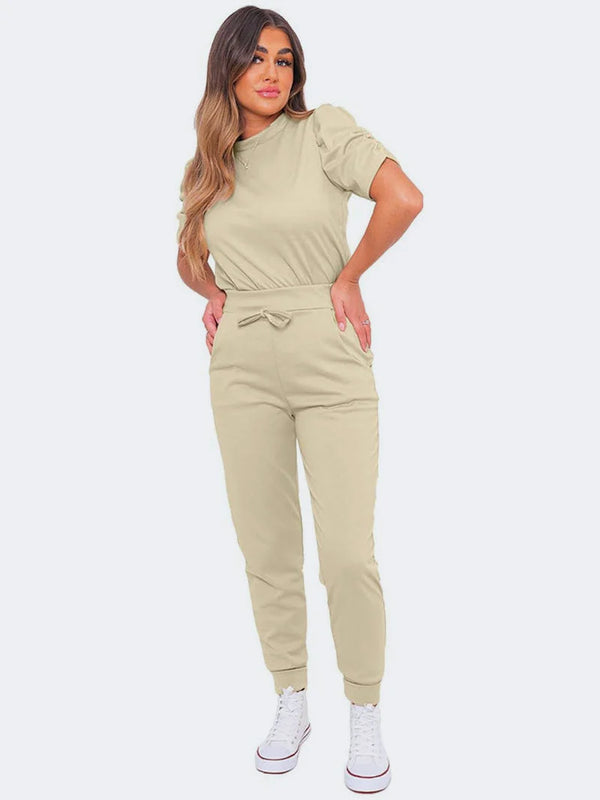 Kind Vibe Women's Short Ruched Sleeve Top and Bottom Co Ord Set - Beige