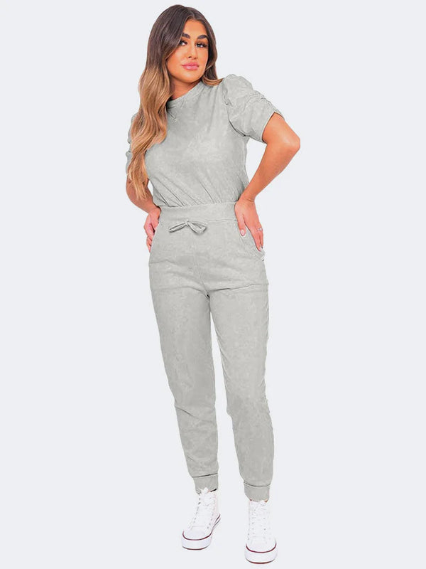 Kind Vibe Women's Short Ruched Sleeve Top and Bottom Co Ord Set - Grey