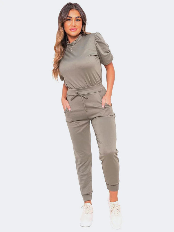 Kind Vibe Women's Short Ruched Sleeve Top and Bottom Co Ord Set - Khaki
