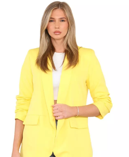 Kind Vibe Women's Ruched Sleeve Lined Blazer - Yellow