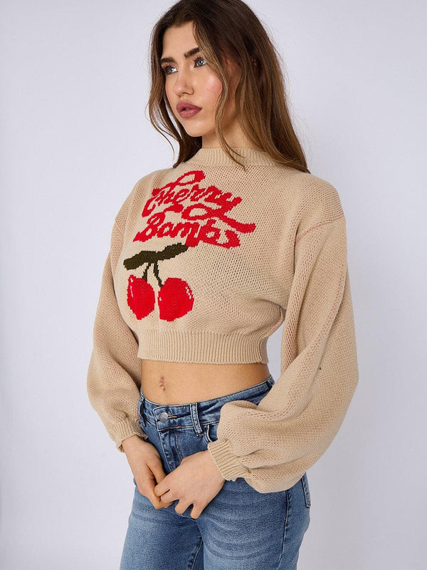 Kind Vibe Women's Cherry Bombs Oversized Cropped Knitted Jumper - Stone