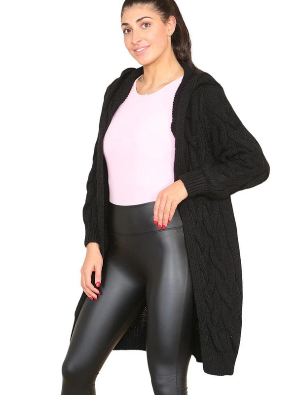 Kind Vibe Women's Knitted Cables Hooded Long Over Sized Cardigan One Size (6-20) - Black