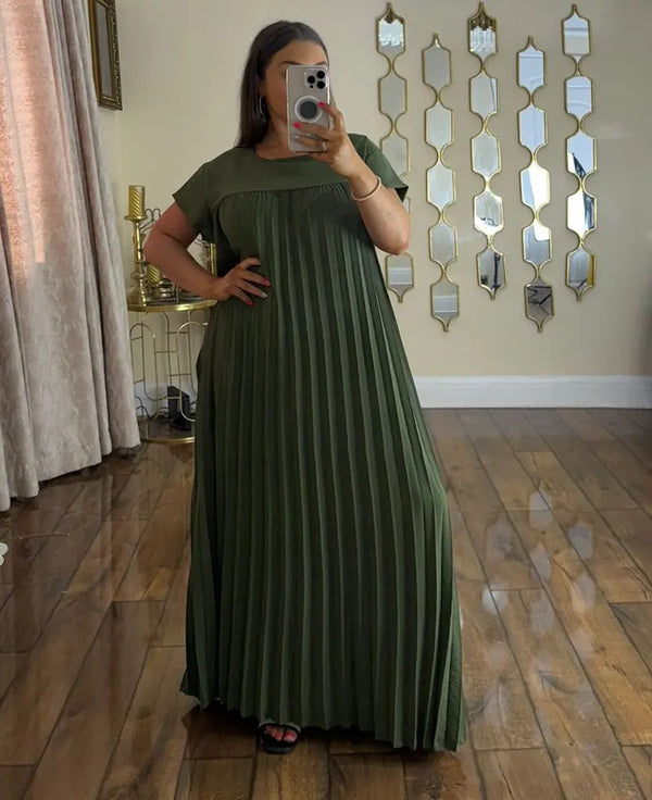 Kind Vibe WOmens Long Pleated Summer Maxi Dress With Pockets - Khaki