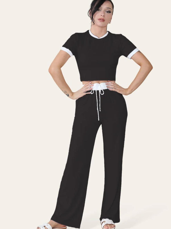 Kind Vibe Women's Ribbed Contrast Wide Leg Flared Trousers And Top Loungewear TRS Cropped Set - Black